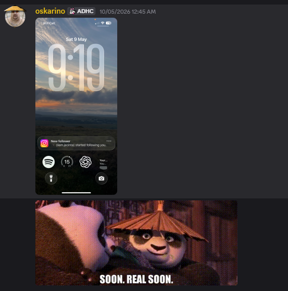 Discord post containing a phone lock screen screenshot above a Kung Fu Panda reaction image reading soon, real soon.