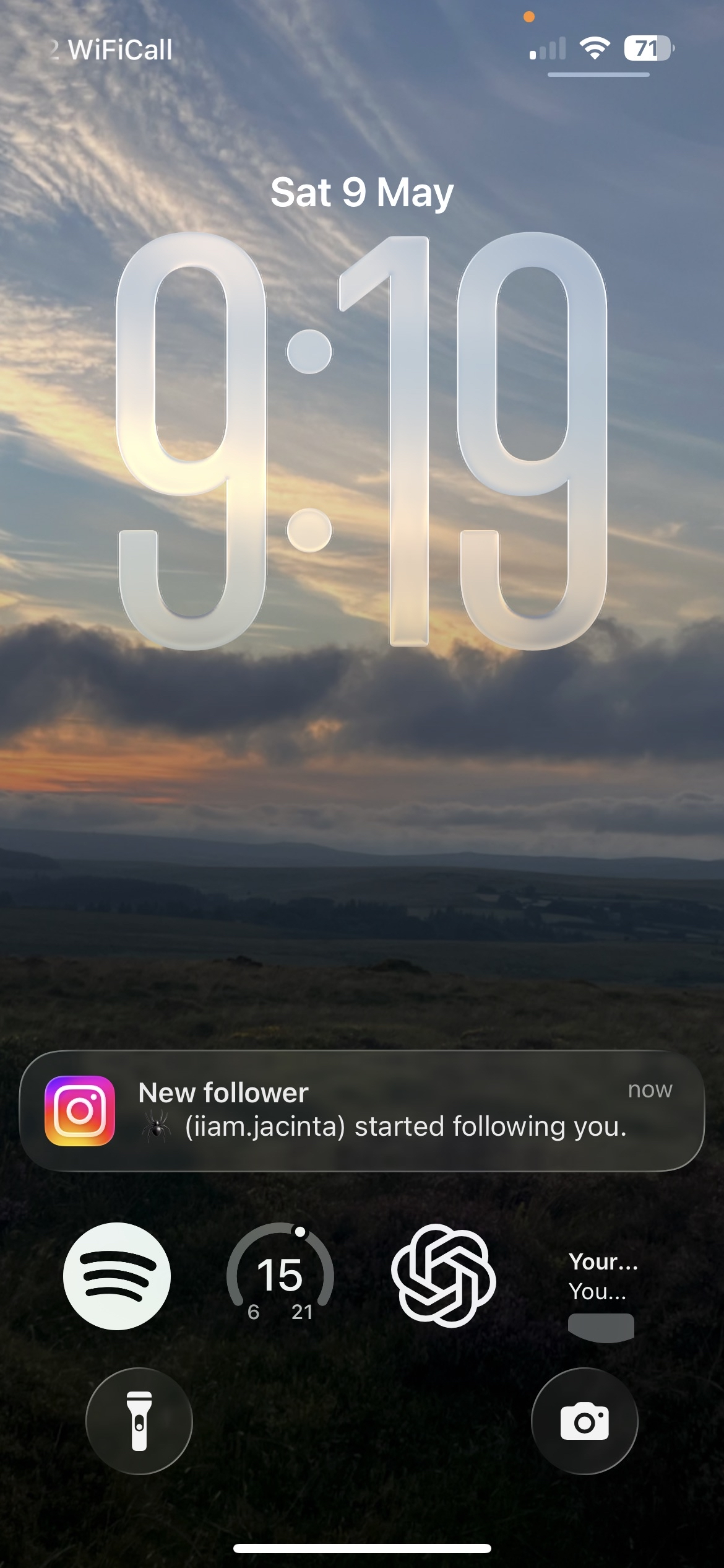 Full phone lock screen at 9:19 showing an Instagram new-follower notification.