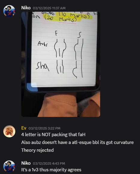 Discord discussion around a whiteboard sketch comparing body shapes.