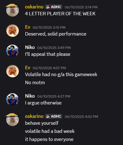 Discord chat discussing and appealing the player-of-the-week result.