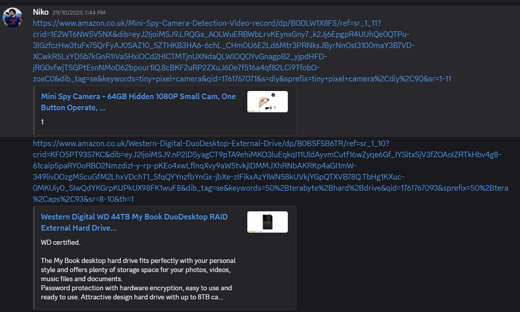Discord post containing Amazon links for a mini spy camera and a Western Digital 44 terabyte desktop drive.
