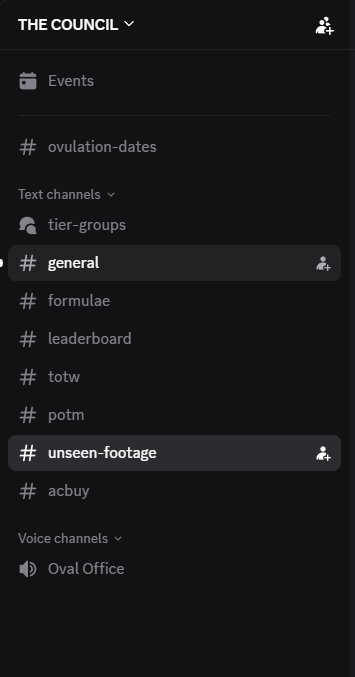 Discord sidebar for The Council server showing its text and voice channels.