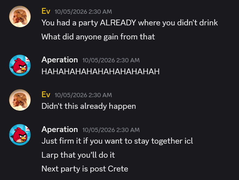 Discord messages from Ev and Aperation discussing a previous party at 2:30 AM.