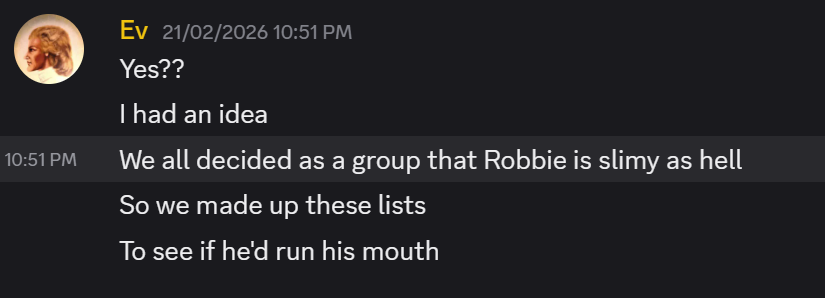 Discord message from Ev explaining that the group made up lists to see whether Robbie would repeat them.