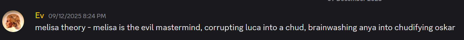 Discord message from Ev dated 9 December 2025 describing a Melisa theory.
