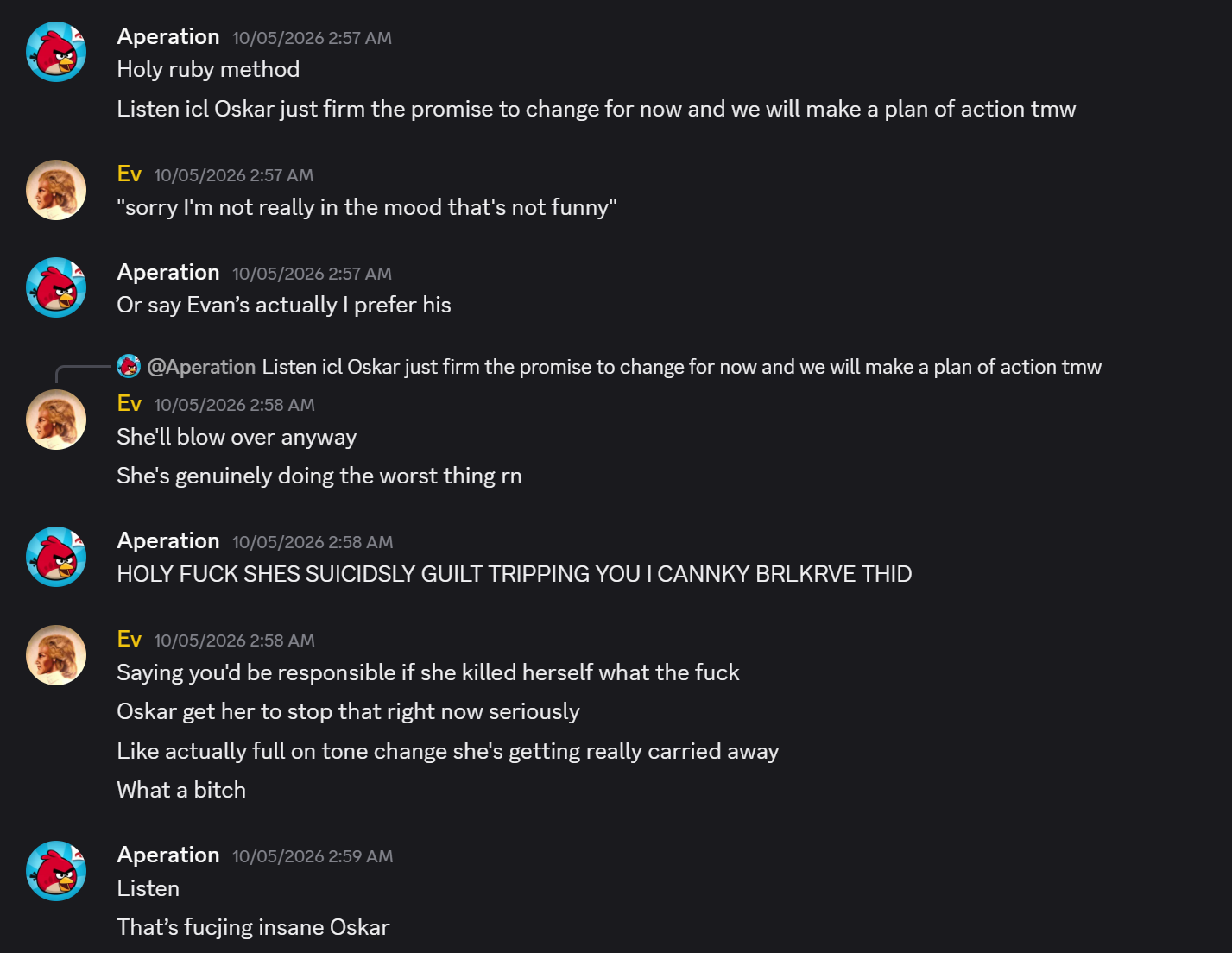Discord conversation at 2:57 and 2:58 AM discussing guilt-tripping and references to self-harm.