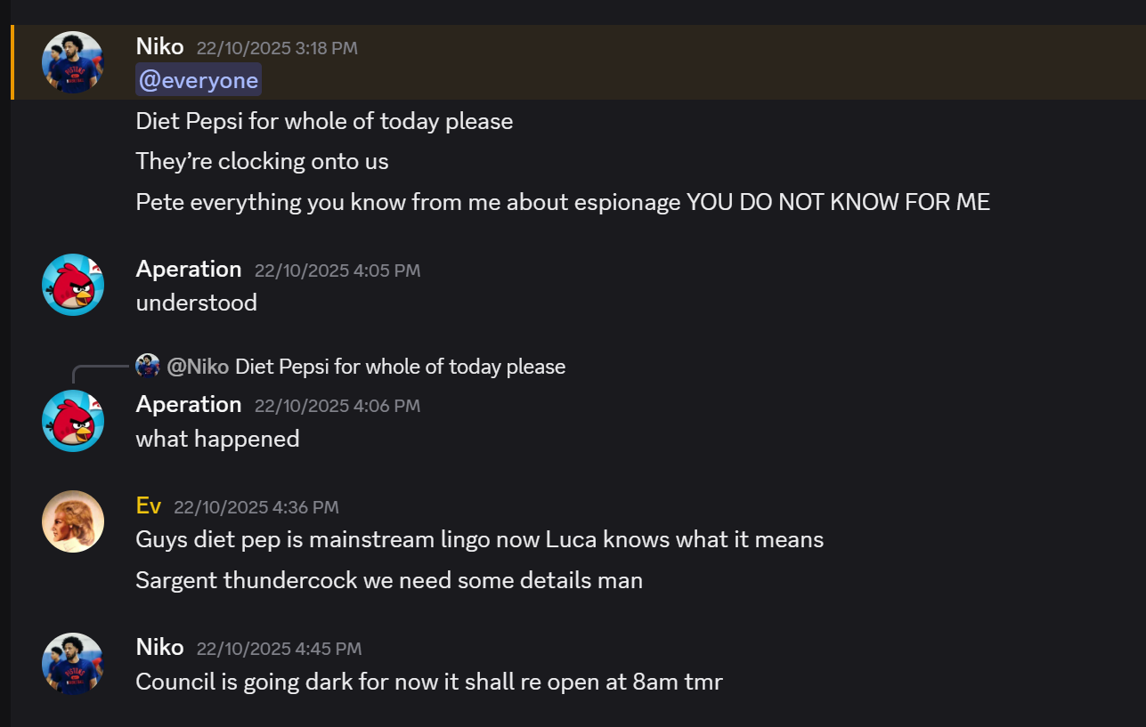 Discord conversation where Niko says the Council is going dark until 8 AM.