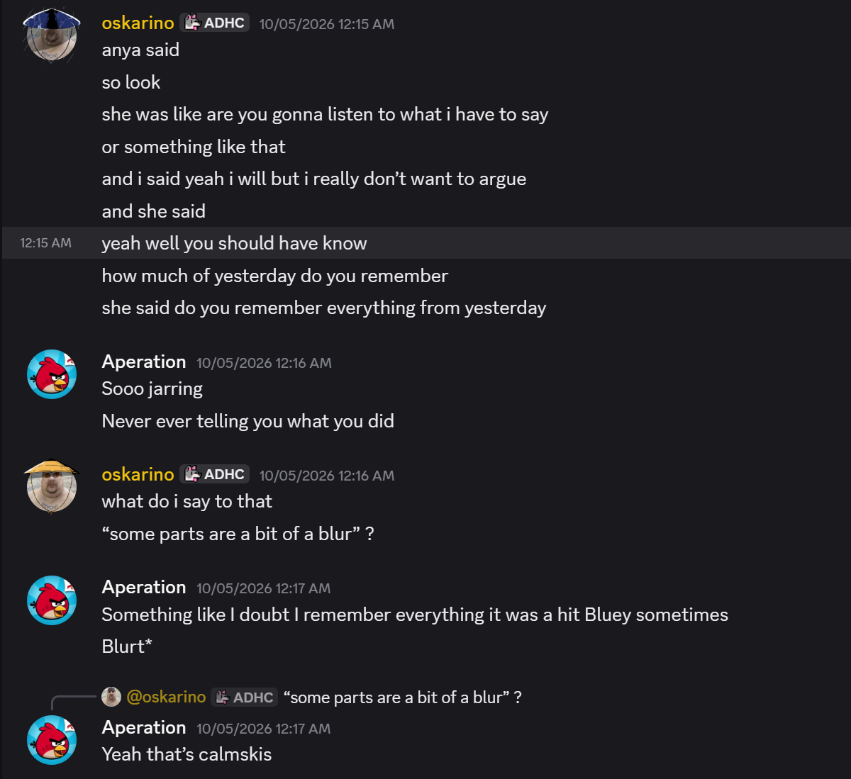 Discord messages from oskarino and Aperation at 12:15 to 12:17 AM on 10 May 2026.